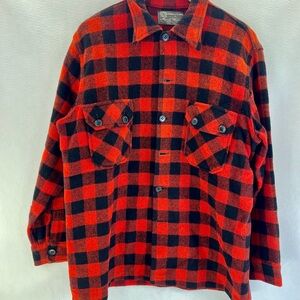 Vtg Merrill Woolens Buffalo Plaid Wool Shirt Jacket Mens L Red Black Wisconsin